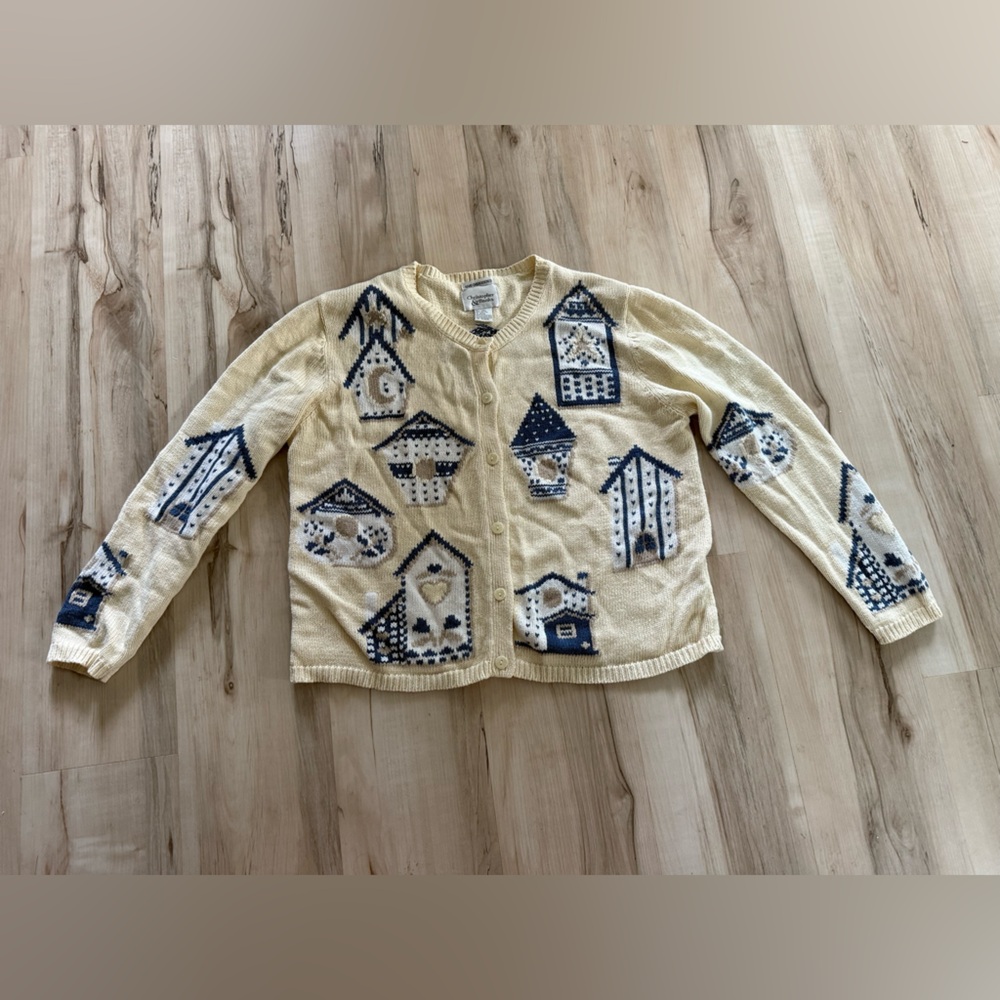 Vintage Hand Embroidered House Cream and Blue Cardigan Sweater M